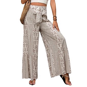 Womens High Waist Wide Leg Lounge Pants Floral Print Tie Front Palazzo Trousers