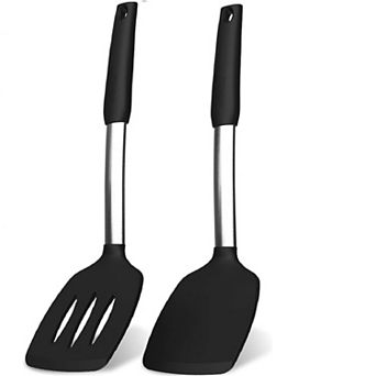 Heat-Resistant Silicone Spatula Set Turner, Slotted & Solid for Cooking Black