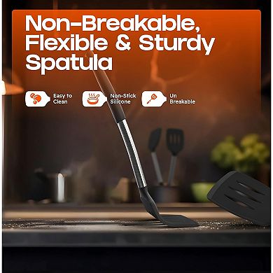 Heat-Resistant Silicone Spatula Set Turner, Slotted & Solid for Cooking Black