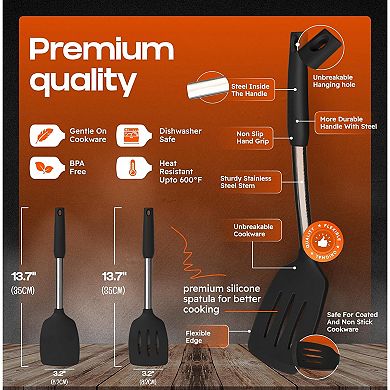 Heat-Resistant Silicone Spatula Set Turner, Slotted & Solid for Cooking Black