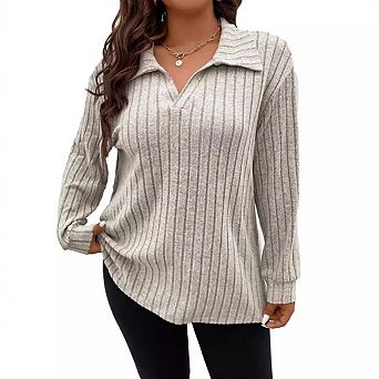 Women's Plus Size Casual V Neck Long Sleeve Lightweight Solid Color Top