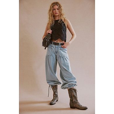 Women Baggy Harem Jean Drawstring Wide Leg Denim Pants