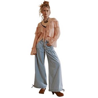 Women Baggy Harem Jean Drawstring Wide Leg Denim Pants