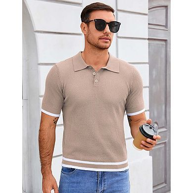 Seoria Mens Short Sleeve Textured Knit Polo Sweater Collared Pullover Top