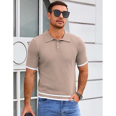 Seoria Mens Short Sleeve Textured Knit Polo Sweater Collared Pullover Top