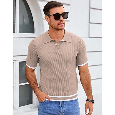 Seoria Mens Short Sleeve Textured Knit Polo Sweater Collared Pullover Top