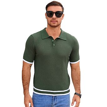 Seoria Mens Short Sleeve Textured Knit Polo Sweater Collared Pullover Top