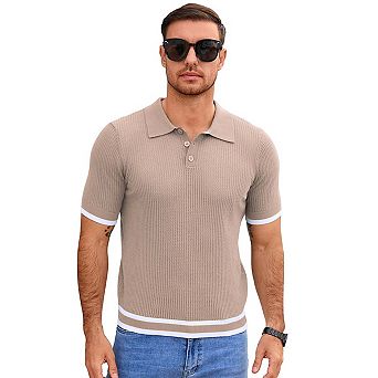 Seoria Mens Short Sleeve Textured Knit Polo Sweater Collared Pullover Top