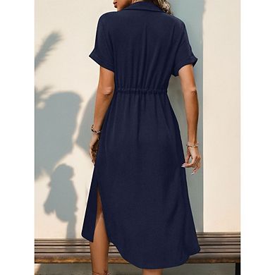 Women's Summer Tie Belt Dresses Solid Color Casual Button Down Dress with Pockets
