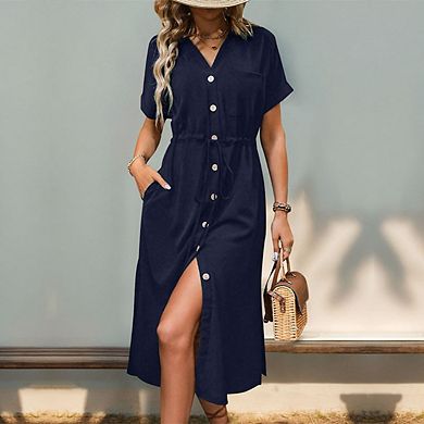 Women's Summer Tie Belt Dresses Solid Color Casual Button Down Dress with Pockets