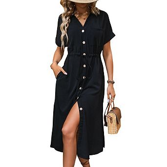 Women's Summer Tie Belt Dresses Solid Color Casual Button Down Dress with Pockets