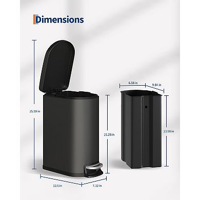 Trash Can, Stainless Steel Garbage Bin with Removable Inner Bucket, For Kitchen, Office