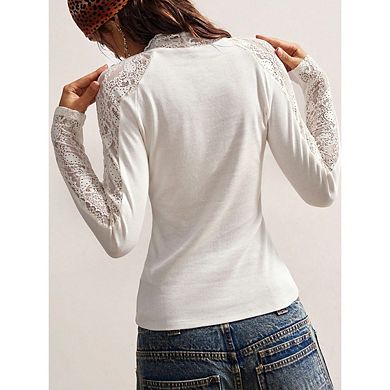 Women's Lace Embroidered Patch Top Boho Mock Neck Long Sleeve Hollow Out Blouse