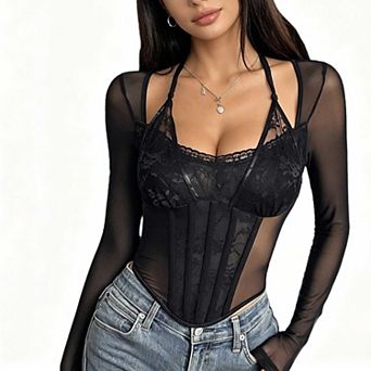 Women's Lace Halter Long Sleeve Top, Sheer Mesh Boned Corset Blouse for Women
