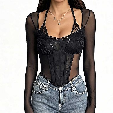 Women's Lace Halter Long Sleeve Top, Sheer Mesh Boned Corset Blouse for Women