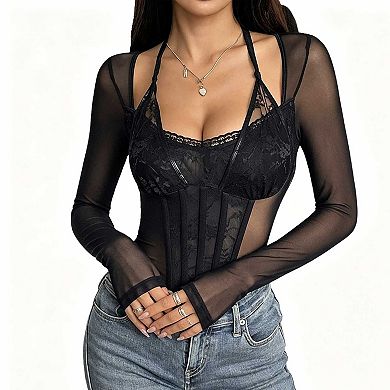 Women's Lace Halter Long Sleeve Top, Sheer Mesh Boned Corset Blouse for Women