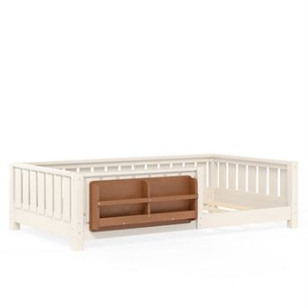 Pnronnc Montessori Low Profile Bed Floor Toddler Daybed Built-in Bookshelf and Safety Guardrail