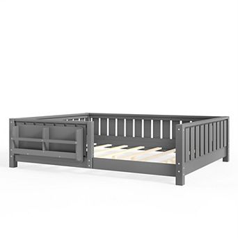 Pnronnc Montessori Low Profile Bed Floor Toddler Daybed Built-in Bookshelf and Safety Guardrail
