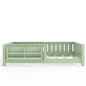 Pnronnc Montessori Low Profile Bed Floor Toddler Daybed Built-in Bookshelf and Safety Guardrail