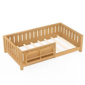 Pnronnc Montessori Low Profile Bed Floor Toddler Daybed Built-in Bookshelf and Safety Guardrail