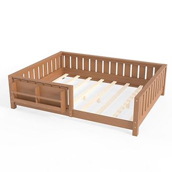 Pnronnc Montessori Low Profile Bed Floor Toddler Daybed Built-in Bookshelf and Safety Guardrail