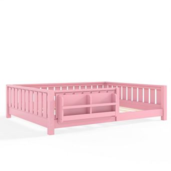 Pnronnc Montessori Low Profile Bed Floor Toddler Daybed Built-in Bookshelf and Safety Guardrail