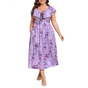 Women's Plus Size Floral Midi Dress. V-Neck Ruffle Sleeve Waist Casual Dress with Pockets