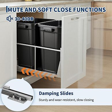 Heavy Duty Pull Out Kitchen Trash Can, Soft-Close Slides, Dual 304 Stainless Steel Buckets