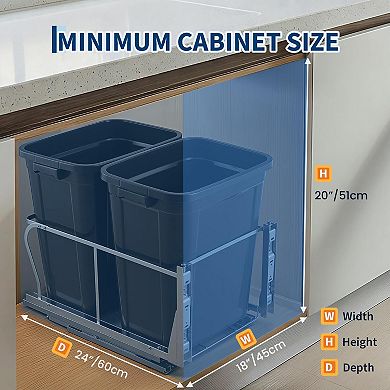 Heavy Duty Pull Out Kitchen Trash Can, Soft-Close Slides, Dual 304 Stainless Steel Buckets