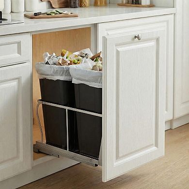 Heavy Duty Pull Out Kitchen Trash Can, Soft-Close Slides, Dual 304 Stainless Steel Buckets