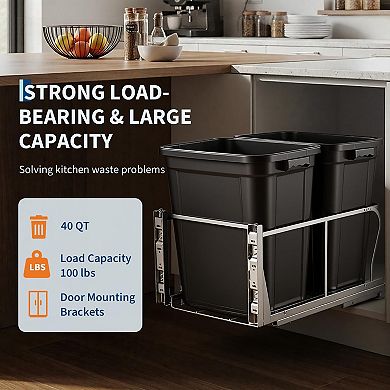 Heavy Duty Pull Out Kitchen Trash Can, Soft-Close Slides, Dual 304 Stainless Steel Buckets