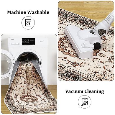 Boho Vintage Area Rug, Machine Washable Medallion Rug with Non-Slip Rubber Backing, Low Pile