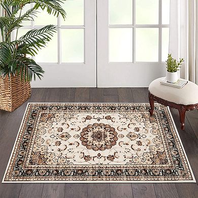 Boho Vintage Area Rug, Machine Washable Medallion Rug with Non-Slip Rubber Backing, Low Pile