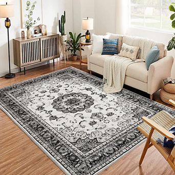 Boho Vintage Area Rug, Machine Washable Medallion Rug with Non-Slip Rubber Backing, Low Pile