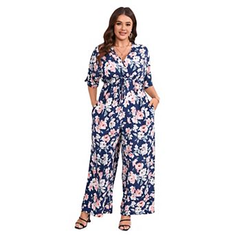Plus Size Women's Elegant Tie Front Wide Leg Jumpsuit
