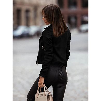 Women's Faux Suede Biker Jacket Long Sleeve Asymmetric Zip Cropped Moto Coat