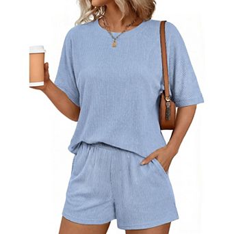 Ekouaer Women Two Piece Set Summer Cruise Outfits Ribbed Loose Matching Sets with pocket