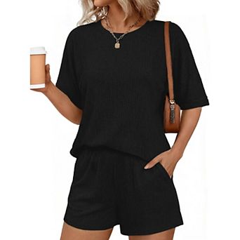 Ekouaer Women Two Piece Set Summer Cruise Outfits Ribbed Loose Matching Sets with pocket