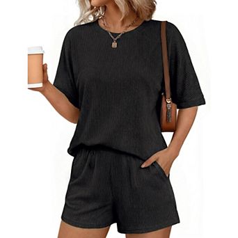 Ekouaer Women Two Piece Set Summer Cruise Outfits Ribbed Loose Matching Sets with pocket