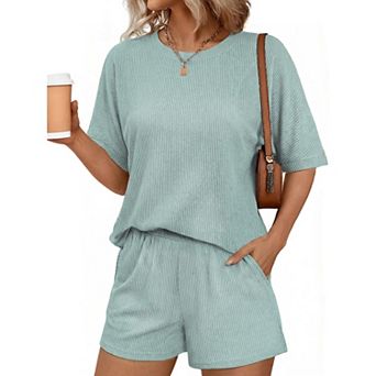 Ekouaer Women Two Piece Set Summer Cruise Outfits Ribbed Loose Matching Sets with pocket