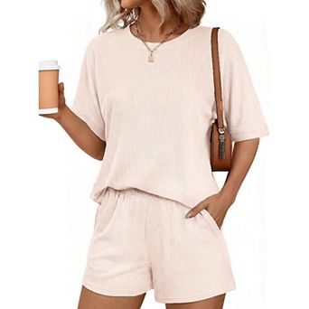 Ekouaer Women Two Piece Set Summer Cruise Outfits Ribbed Loose Matching Sets with pocket