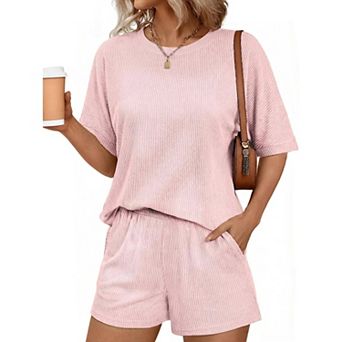 Ekouaer Women Two Piece Set Summer Cruise Outfits Ribbed Loose Matching Sets with pocket