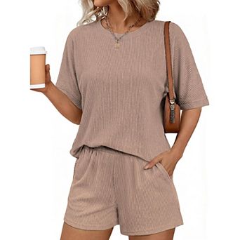 Ekouaer Women Two Piece Set Summer Cruise Outfits Ribbed Loose Matching Sets with pocket