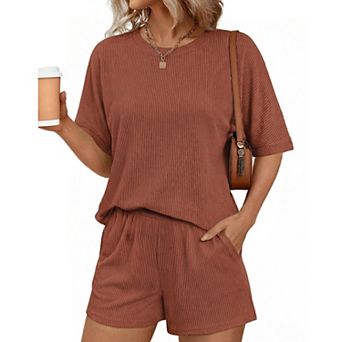 Ekouaer Women Two Piece Set Summer Cruise Outfits Ribbed Loose Matching Sets with pocket