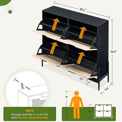 4-Tier Shoe Cabinet, Modern Slim Entryway Shoe Rack with Flip-Up Doors & Adjustable Shelves