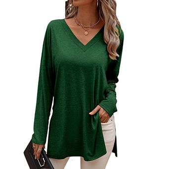 Women's V Neck T Shirts Long Sleeve Blouse Summer Tops Dressy Casual Loose Solid Color Basic Tees