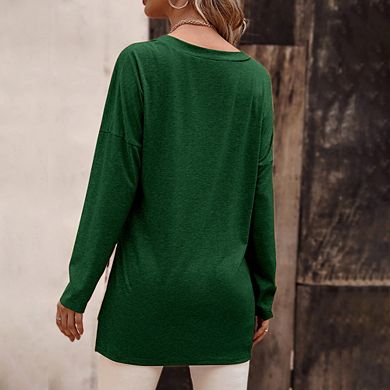 Women's V Neck T Shirts Long Sleeve Blouse Summer Tops Dressy Casual Loose Solid Color Basic Tees