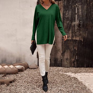 Women's V Neck T Shirts Long Sleeve Blouse Summer Tops Dressy Casual Loose Solid Color Basic Tees