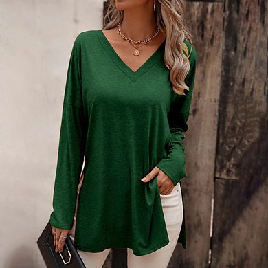 Women's V Neck T Shirts Long Sleeve Blouse Summer Tops Dressy Casual Loose Solid Color Basic Tees