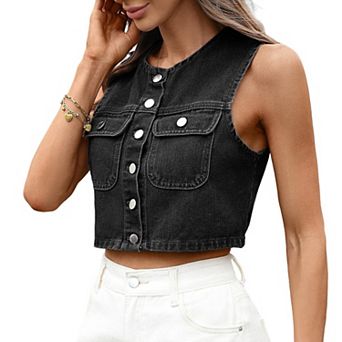 Women's Washed Denim Vest Casual Round Neck Sleeveless Streewear Jean Top with Pockets